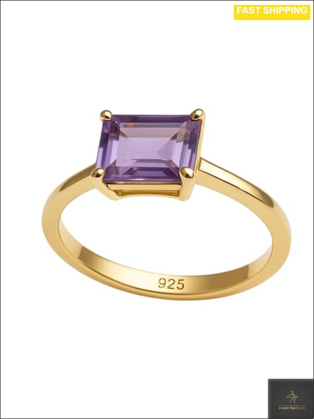 Amethyst Baguette Ring 925 Sterling Silver 3 Micron Gold Plated Women